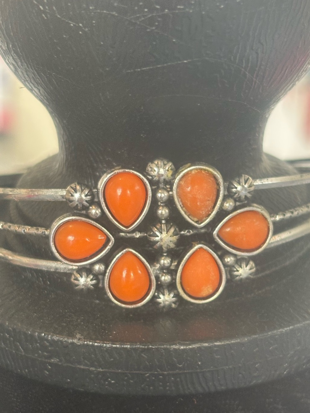 Orange Teardrop Stone Silver Cuff Bracelet